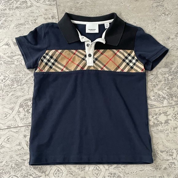 Burberry Other - Burberry Boys Navy Blue + Plaid Collared Polo Shirt SZ 8